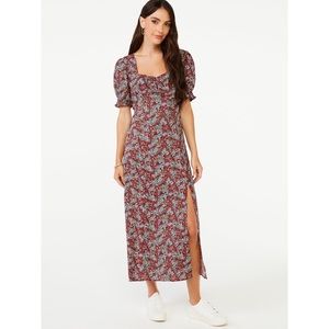 Floral Puff Sleeve Sweetheart Midi Dress